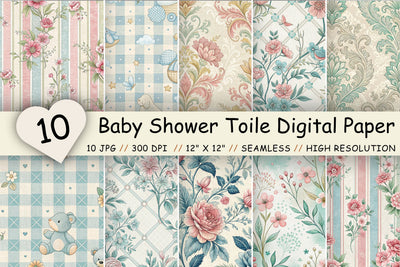 Baby Shower Toile Digital Paper Pack, Vintage Floral Toile, Gingham & Stripe Seamless Patterns, Scrapbooking & Printable Crafts Digital Pattern FloridPrintables 