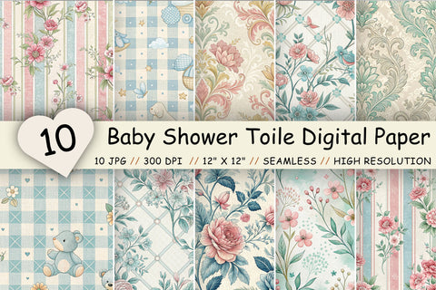 Baby Shower Toile Digital Paper Pack, Vintage Floral Toile, Gingham & Stripe Seamless Patterns, Scrapbooking & Printable Crafts Digital Pattern FloridPrintables 
