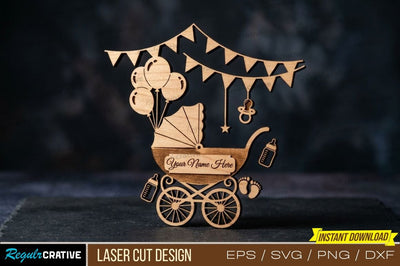 Baby Stroller Laser Cut Design – Baby Theme with Balloons, Banner & Décor SVG Regulrcrative 