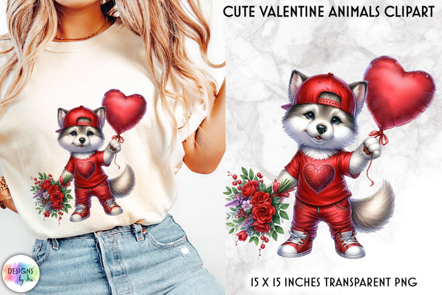 Baby Wolf with Red Roses and Balloon, Valentine Clipart Sublimation Designs by Ira 