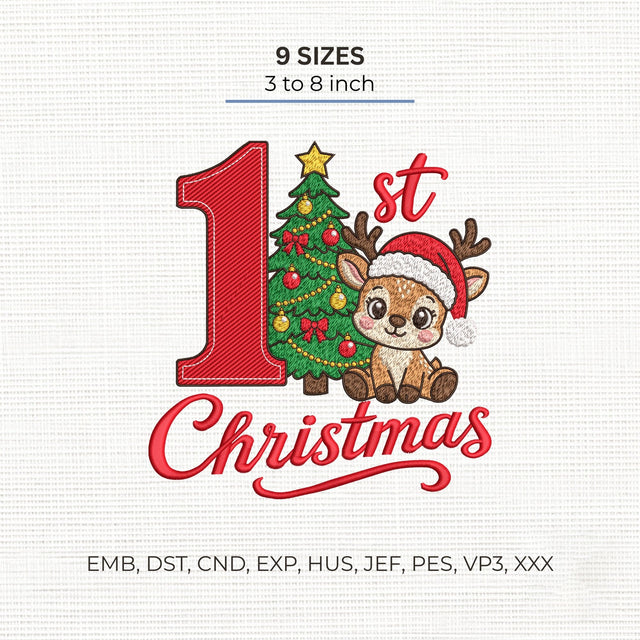 Baby’s 1st Christmas Reindeer Embroidery Design – First Christmas Tree Cute Holiday Machine Embroidery File Embroidery/Applique DESIGNS PatternFeed8 