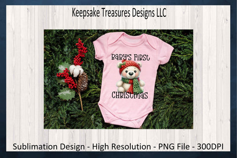 'Baby's First Christmas' Adorable Festive Teddy Bear in Knit Hat and Scarf Sublimation PNG Design Sublimation Keepsake Treasures Designs LLC. 