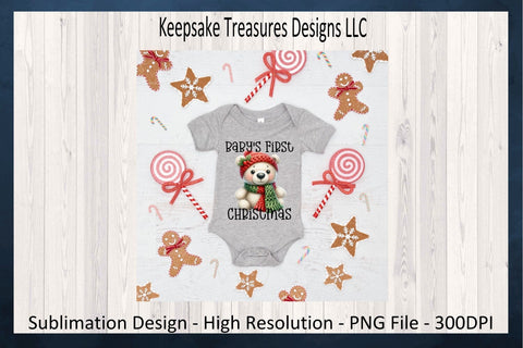 'Baby's First Christmas' Adorable Festive Teddy Bear in Knit Hat and Scarf Sublimation PNG Design Sublimation Keepsake Treasures Designs LLC. 