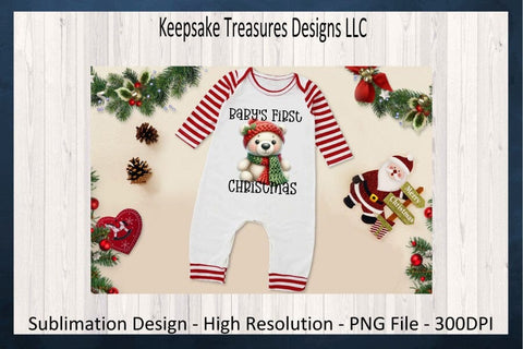 'Baby's First Christmas' Adorable Festive Teddy Bear in Knit Hat and Scarf Sublimation PNG Design Sublimation Keepsake Treasures Designs LLC. 