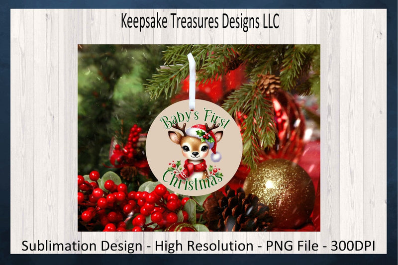 'Baby's First Christmas' Featuring Adorable Reindeer in Festive Holiday Attire Sublimation Keepsake Treasures Designs LLC. 