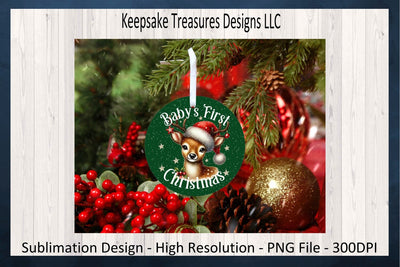 'Baby's First Christmas' Festive Fawn in Santa Hat on Green, Christmas Ornament Sublimation PNG Sublimation Keepsake Treasures Designs LLC. 