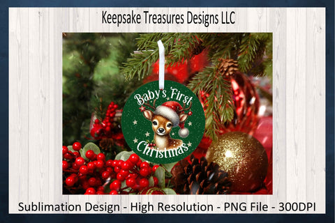 'Baby's First Christmas' Festive Fawn in Santa Hat on Green, Christmas Ornament Sublimation PNG Sublimation Keepsake Treasures Designs LLC. 