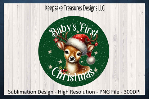 'Baby's First Christmas' Festive Fawn in Santa Hat on Green, Christmas Ornament Sublimation PNG Sublimation Keepsake Treasures Designs LLC. 