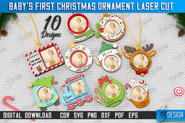 Baby's First Christmas Ornaments Laser Cut Bundle | Christmas Tree Toys | Christmas Décor | Holidays | Personalized Hanging Tree Toys | CNC Files SVG Fly Design 