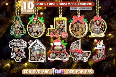Baby's First Christmas Ornaments Laser Cut Bundle, Family Christmas Tree Decor, Birth Stats Announcement, Baby Metrics SVG, Baby First Christmas Shaker Ornament SVG The T Store Design 