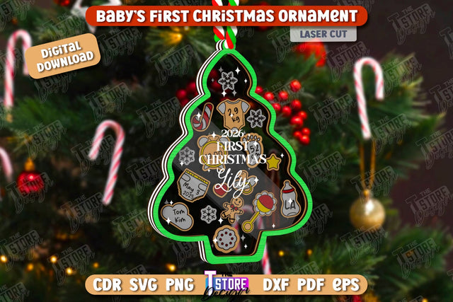 Baby's First Christmas Ornaments Laser Cut, Family Christmas Tree Decor, Birth Stats Announcement, Baby Metrics SVG, Baby First Christmas Shaker Ornament SVG The T Store Design 
