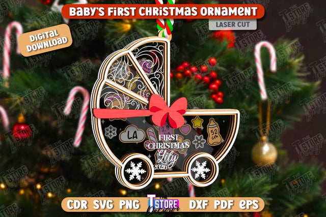 Baby's First Christmas Ornaments Laser Cut, Family Christmas Tree Decor, Birth Stats Announcement, Baby Metrics SVG, Baby First Christmas Shaker Ornament SVG The T Store Design 