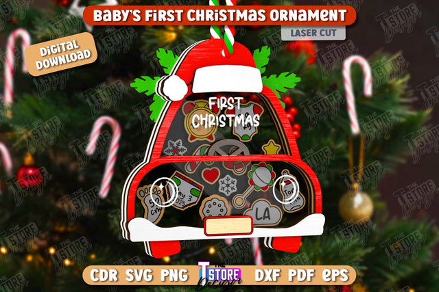 Baby's First Christmas Ornaments Laser Cut, Family Christmas Tree Decor, Birth Stats Announcement, Baby Metrics SVG, Baby First Christmas Shaker Ornament SVG The T Store Design 