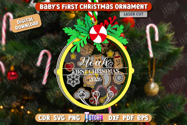 Baby's First Christmas Ornaments Laser Cut, Family Christmas Tree Decor, Birth Stats Announcement, Baby Metrics SVG, Baby First Christmas Shaker Ornament SVG The T Store Design 