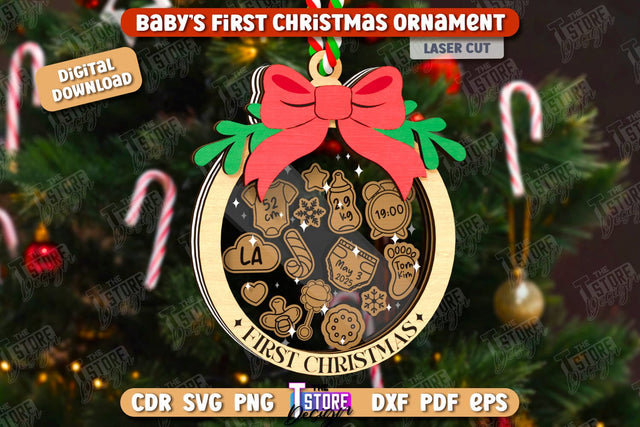 Baby's First Christmas Ornaments Laser Cut, Family Christmas Tree Decor, Birth Stats Announcement, Baby Metrics SVG, Baby First Christmas Shaker Ornament SVG The T Store Design 