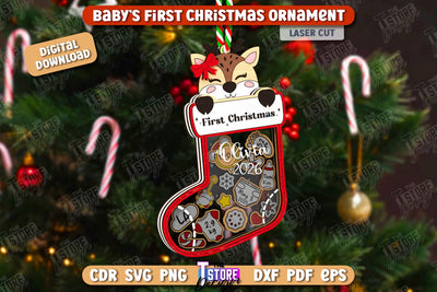 Baby's First Christmas Ornaments Laser Cut, Family Christmas Tree Decor, Birth Stats Announcement, Baby Metrics SVG, Baby First Christmas Shaker Ornament SVG The T Store Design 