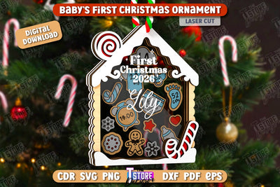 Baby's First Christmas Ornaments Laser Cut, Family Christmas Tree Decor, Birth Stats Announcement, Baby Metrics SVG, Baby First Christmas Shaker Ornament SVG The T Store Design 