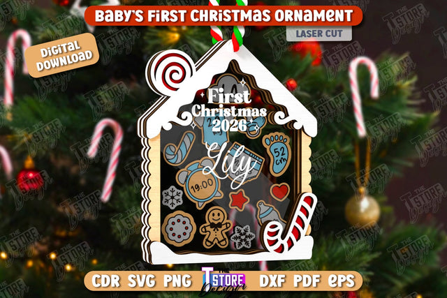 Baby's First Christmas Ornaments Laser Cut, Family Christmas Tree Decor, Birth Stats Announcement, Baby Metrics SVG, Baby First Christmas Shaker Ornament SVG The T Store Design 