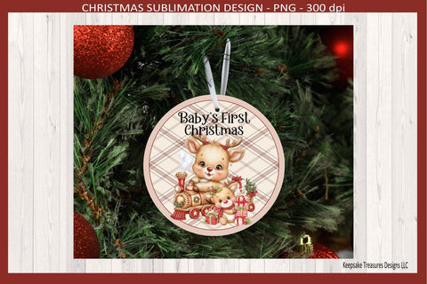 Baby's First Christmas, Reindeer Ornament, Christmas Sublimation Ornament Template, Png Printable Sublimation Keepsake Treasures Designs LLC. 