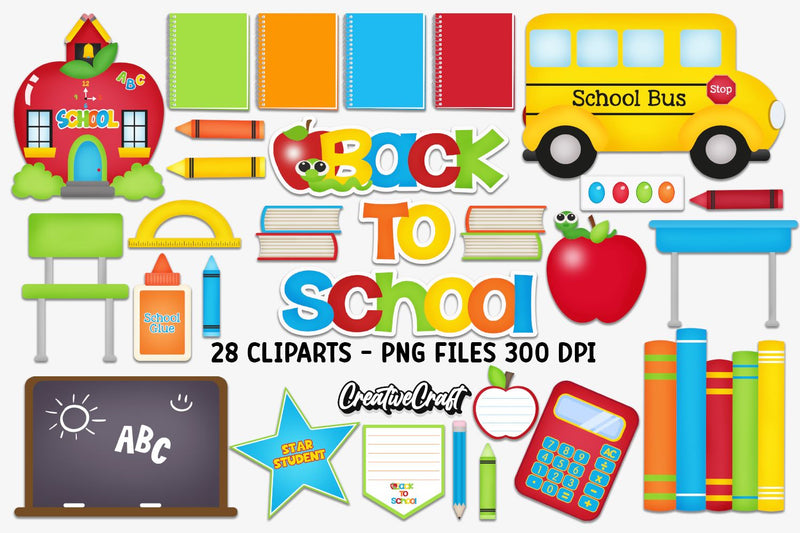 Back to School Cipart, school supplies graphics Sublimation CreativeCraftShop 