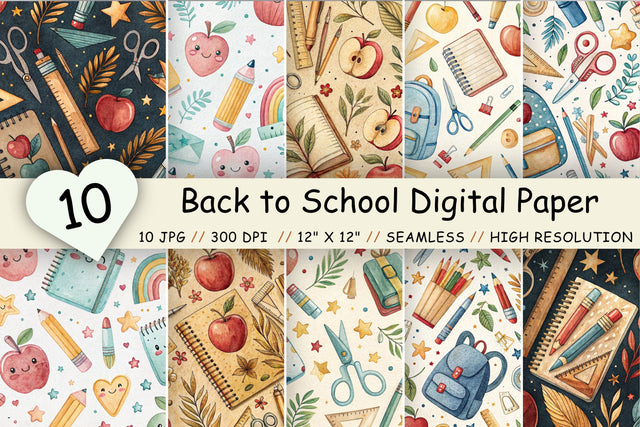 Back to School Digital Paper Pack, Seamless Watercolor Pattern Bundle, Printable Scrapbook Paper, Cute Teacher Design Collection Digital Pattern FloridPrintables 