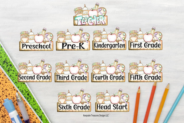 Back to School Name Plate, Preschool - Sixth, Hand Drawn School Supplies, Sublimation Design Sublimation Keepsake Treasures Designs LLC. 