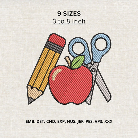 Back to School Pencil Apple Scissors Machine Embroidery Design – Teacher School Supplies Embroidery File Embroidery/Applique DESIGNS PatternFeed8 