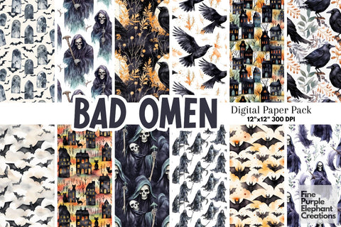 Bad Omen Halloween Digital Paper | Scary Pattern Digital Pattern Fine Purple Elephant Creations 