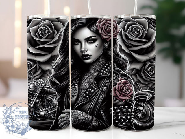 Badass Biker Motorcycle Girl Tumbler, Badass Biker Wrap, 20Oz Sublimation Design, Rebel Rider Cup, Biker Chick Drinkware, Tough Girl Tumbler, Motorbike Lover Mug Sublimation ToriDesigns 