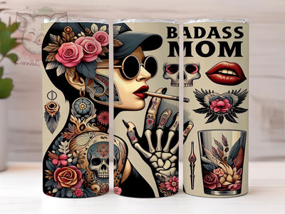 Badass Mom 20oz Tumbler Png, Straight & Tapered Tumbler Png, Floral Tattoo Woman Tumbler Png, Digital Download PNG Sublimation Lara' s Designs 