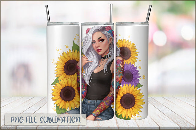 Badass Sunflower Girl 20 Oz Tumbler Wrap PNG Sublimation Shetara Begum 