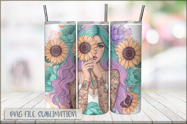 Badass Sunflower Girl 20 Oz Tumbler Wrap PNG Sublimation Shetara Begum 