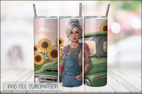 Badass Sunflower Girl 20 Oz Tumbler Wrap PNG Sublimation Shetara Begum 