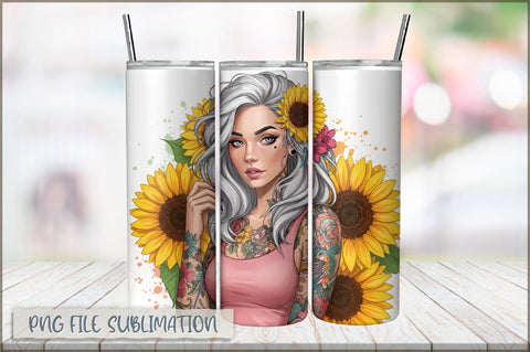Badass Sunflower Girl 20 Oz Tumbler Wrap PNG Sublimation Shetara Begum 