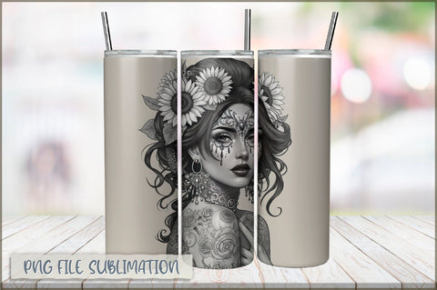 Badass Sunflower Girl 20 Oz Tumbler Wrap PNG Sublimation Shetara Begum 