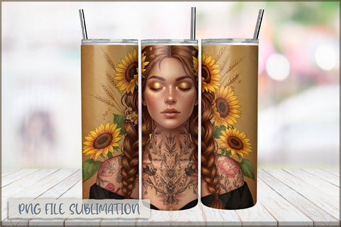 Badass Sunflower Girl 20 Oz Tumbler Wrap PNG Sublimation Shetara Begum 