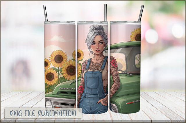 Badass Sunflower Girl 20 Oz Tumbler Wrap PNG Sublimation Shetara Begum 