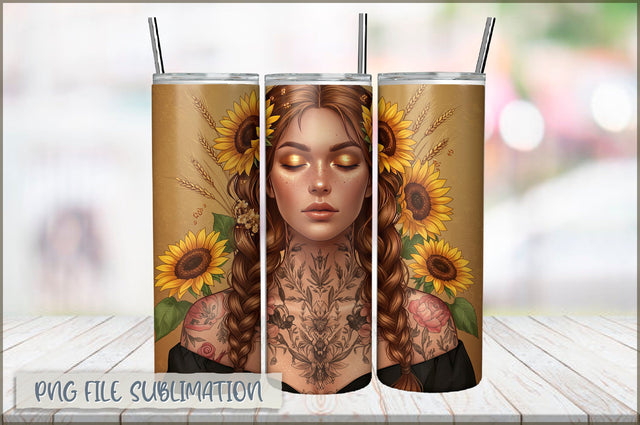 Badass Sunflower Girl 20 Oz Tumbler Wrap PNG Sublimation Shetara Begum 