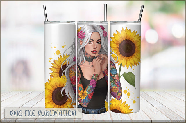 Badass Sunflower Girl 20 Oz Tumbler Wrap PNG Sublimation Shetara Begum 