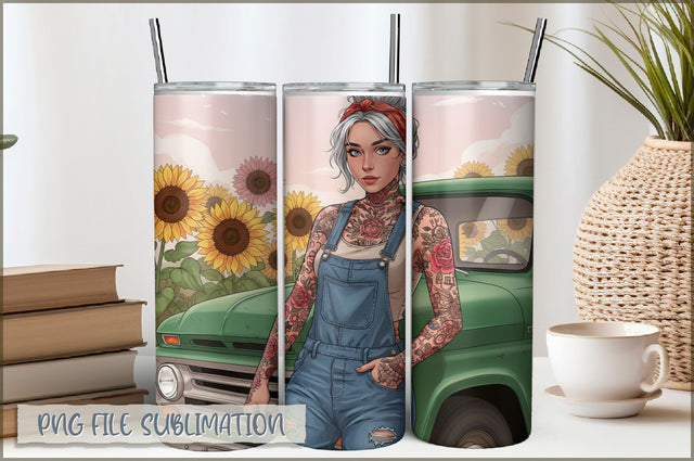 Badass Sunflower Girl 20 Oz Tumbler Wrap PNG Sublimation Shetara Begum 