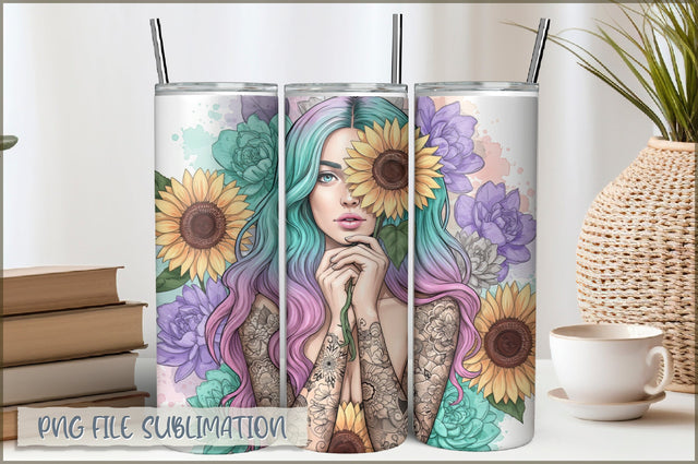 Badass Sunflower Girl 20 Oz Tumbler Wrap PNG Sublimation Shetara Begum 