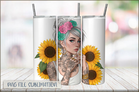 Badass Sunflower Girl 20 Oz Tumbler Wrap PNG Sublimation Shetara Begum 