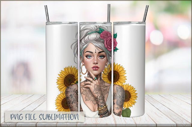 Badass Sunflower Girl 20 Oz Tumbler Wrap PNG Sublimation Shetara Begum 