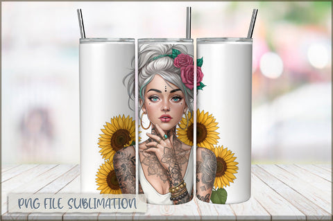 Badass Sunflower Girl 20 Oz Tumbler Wrap PNG Sublimation Shetara Begum 
