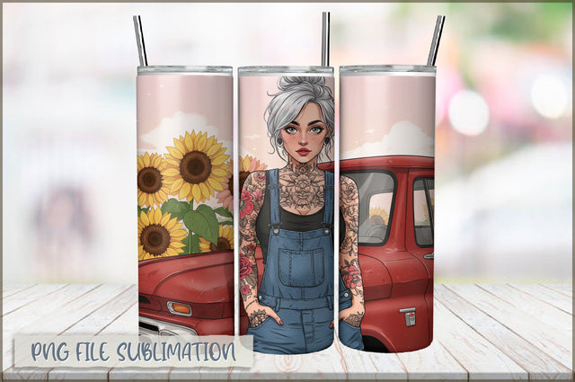 Badass Sunflower Girl 20 Oz Tumbler Wrap PNG Sublimation Shetara Begum 