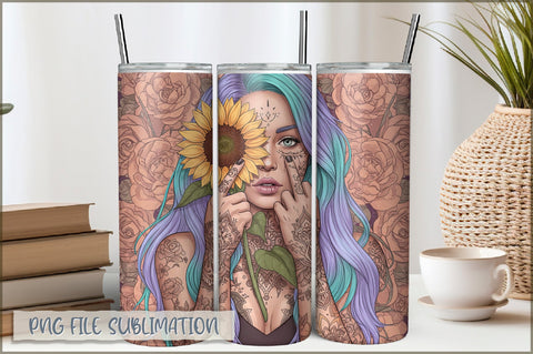 Badass Sunflower Girl 20 Oz Tumbler Wrap PNG Sublimation Shetara Begum 