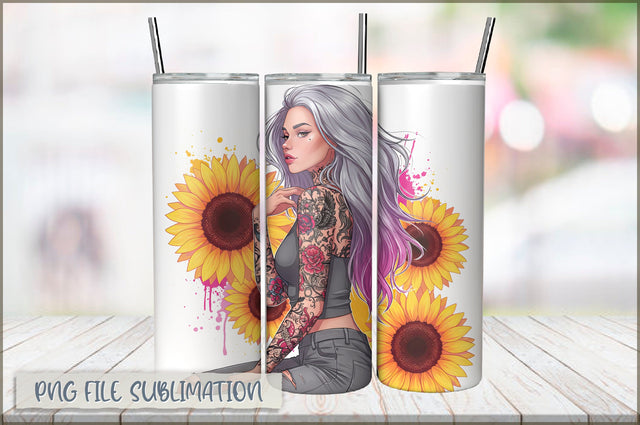 Badass Sunflower Girl 20 Oz Tumbler Wrap PNG Sublimation Shetara Begum 