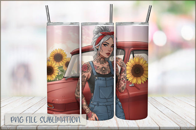 Badass Sunflower Girl 20 Oz Tumbler Wrap PNG Sublimation Shetara Begum 