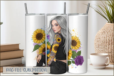 Badass Sunflower Girl 20 Oz Tumbler Wrap PNG Sublimation Shetara Begum 