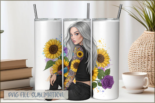 Badass Sunflower Girl 20 Oz Tumbler Wrap PNG Sublimation Shetara Begum 